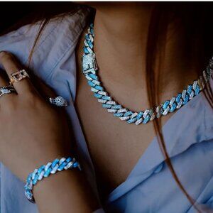 💙💚 Iced Out Cuban Link Chain & Bracelet Set – Unisex Hip Hop Jewelry